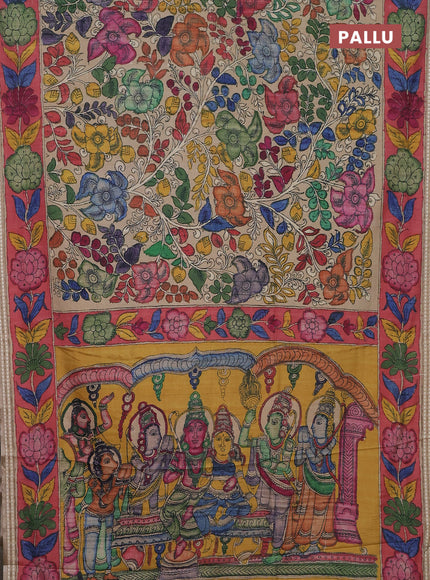 Semi tussar saree beige and peach pink with allover kalamkari prints and printed border