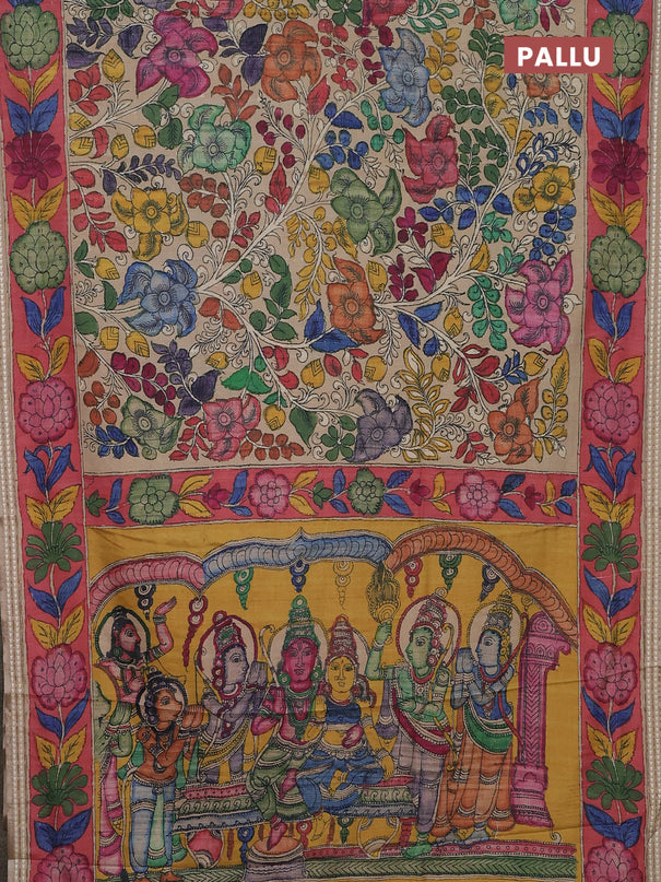 Semi tussar saree beige and peach pink with allover kalamkari prints and printed border