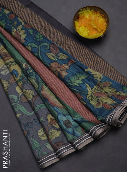 Semi tussar saree light green and grey with allover kalamkari prints and printed border