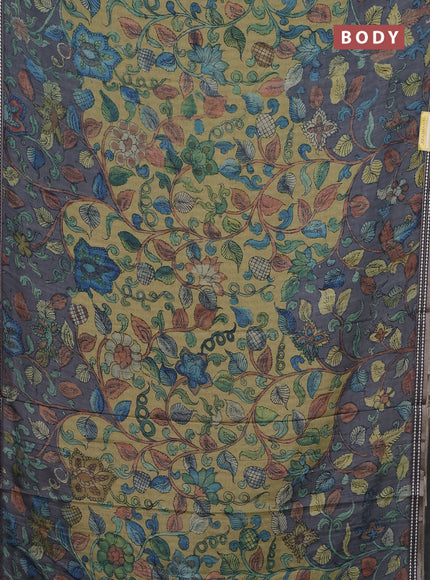 Semi tussar saree light green and grey with allover kalamkari prints and printed border