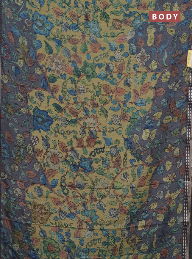 Semi tussar saree light green and grey with allover kalamkari prints and printed border