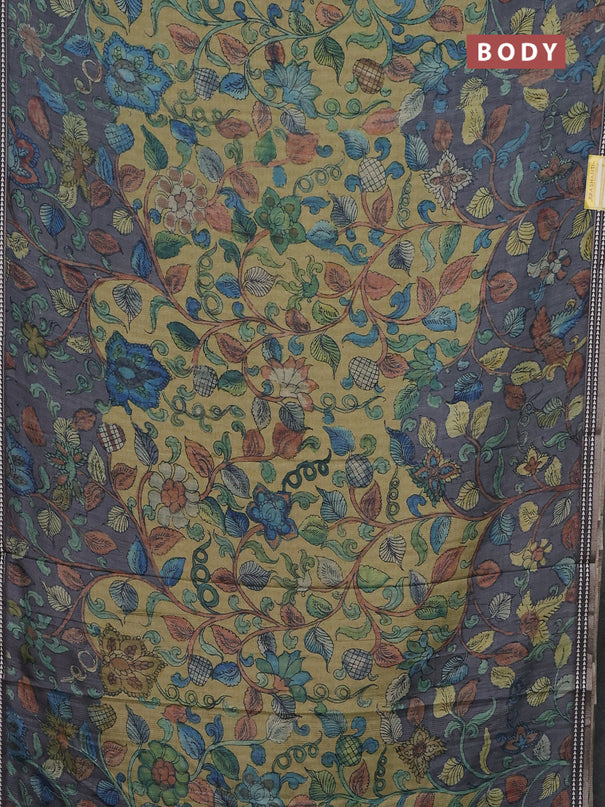 Semi tussar saree light green and grey with allover kalamkari prints and printed border