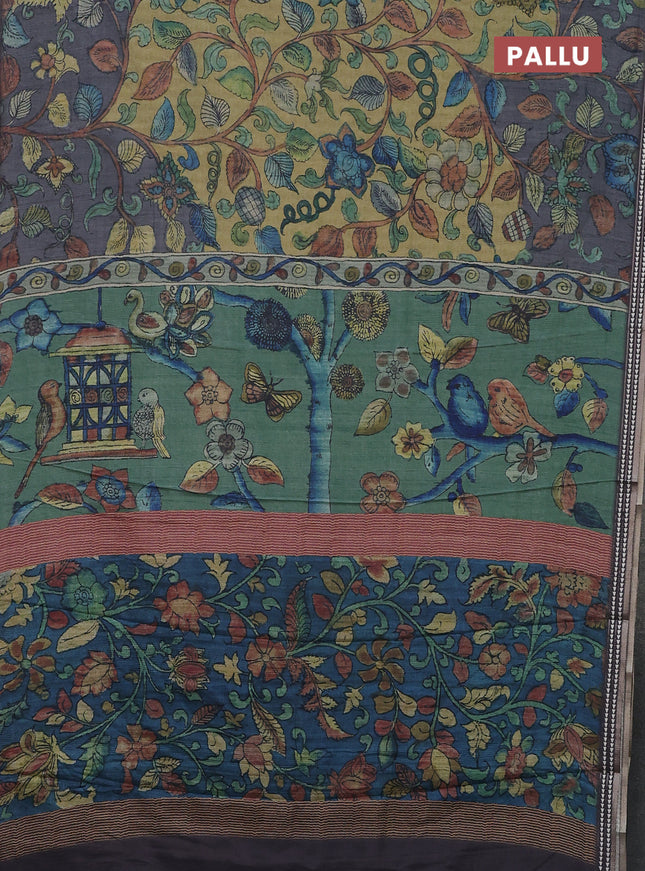 Semi tussar saree light green and grey with allover kalamkari prints and printed border