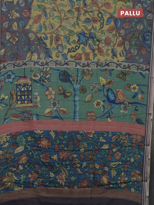 Semi tussar saree light green and grey with allover kalamkari prints and printed border