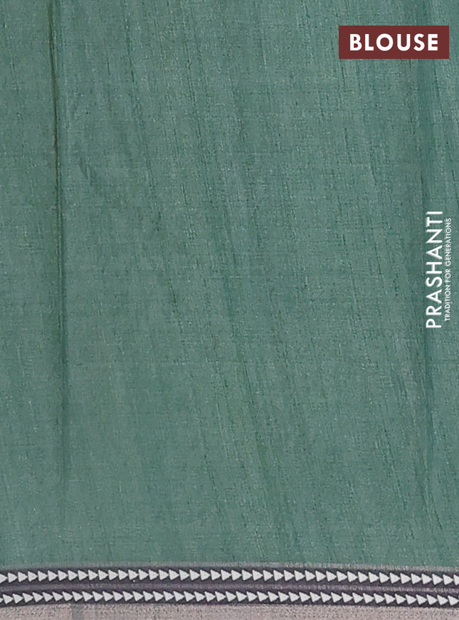 Semi tussar saree light green and grey with allover kalamkari prints and printed border