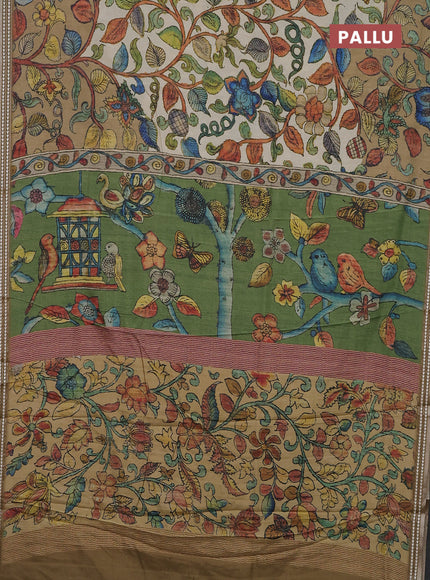 Semi tussar saree cream and mehendi green with allover kalamkari prints and printed border