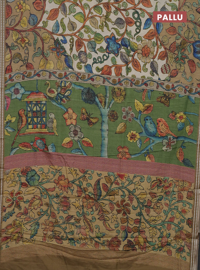 Semi tussar saree cream and mehendi green with allover kalamkari prints and printed border