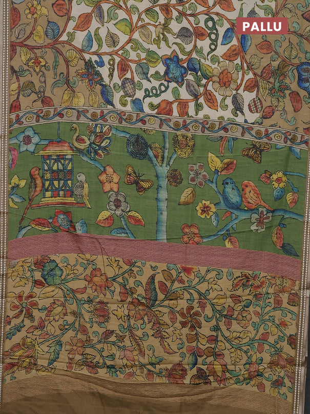 Semi tussar saree cream and mehendi green with allover kalamkari prints and printed border