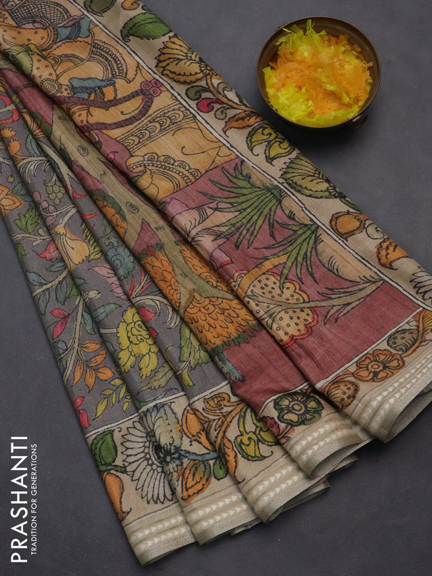 Semi tussar saree grey and beige with allover kalamkari prints and printed border
