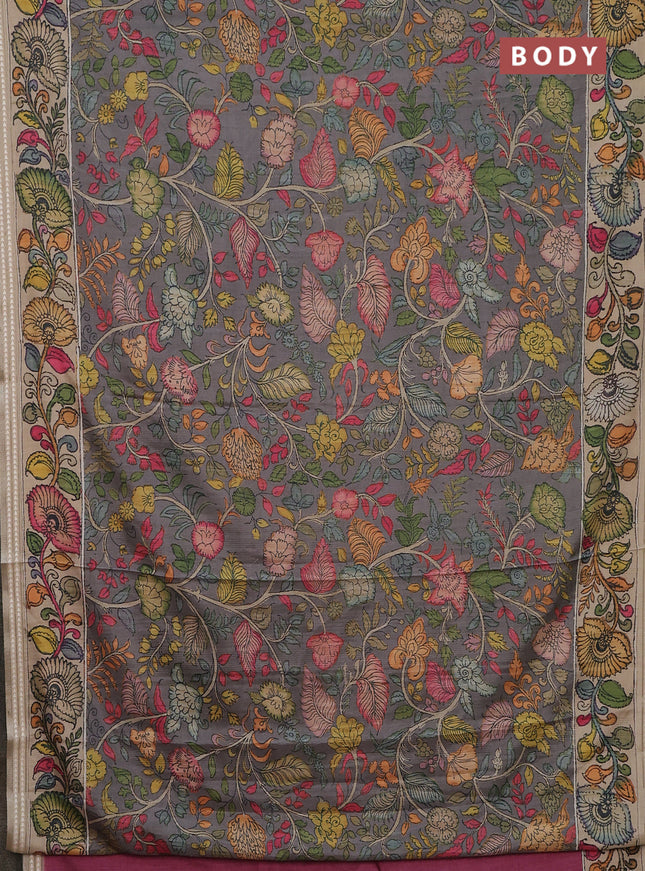 Semi tussar saree grey and beige with allover kalamkari prints and printed border