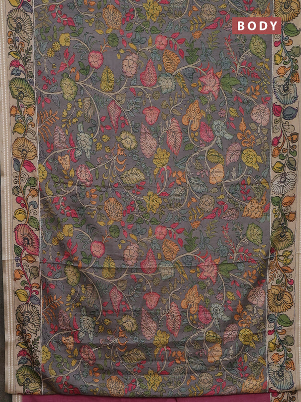 Semi tussar saree grey and beige with allover kalamkari prints and printed border