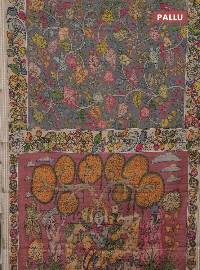 Semi tussar saree grey and beige with allover kalamkari prints and printed border