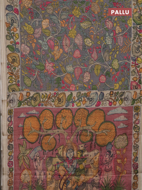 Semi tussar saree grey and beige with allover kalamkari prints and printed border