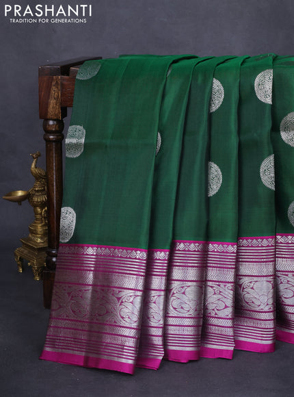 Venkatagiri silk saree dark green and purple with silver zari woven buttas and rich silver zari woven border