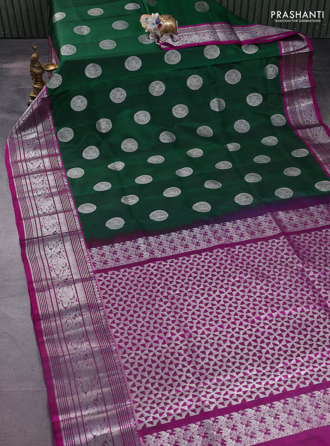 Venkatagiri silk saree dark green and purple with silver zari woven buttas and rich silver zari woven border