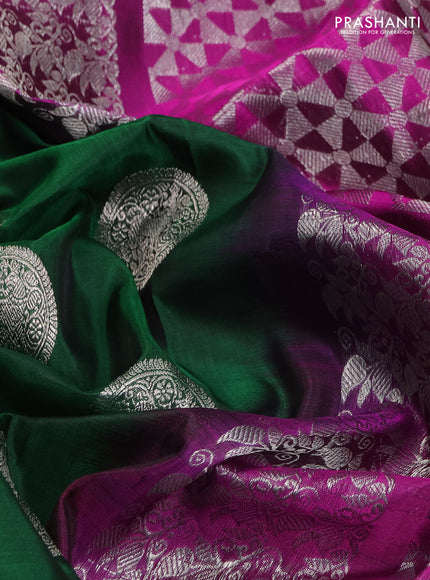 Venkatagiri silk saree dark green and purple with silver zari woven buttas and rich silver zari woven border