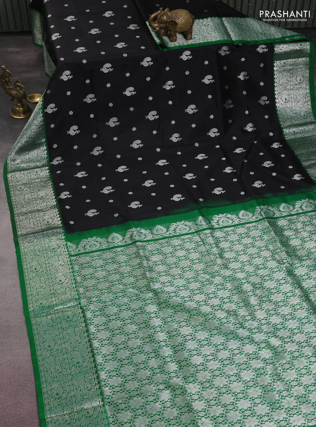 Venkatagiri silk saree black and green with silver zari woven buttas and silver zari woven border