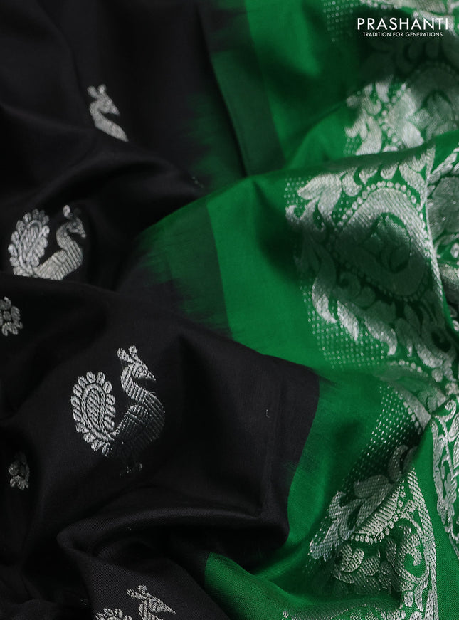 Venkatagiri silk saree black and green with silver zari woven buttas and silver zari woven border