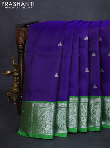 Venkatagiri silk saree blue and green with silver zari woven temple buttas and silver zari woven border