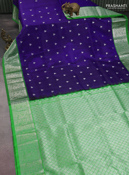 Venkatagiri silk saree blue and green with silver zari woven temple buttas and silver zari woven border
