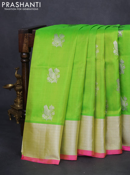 Venkatagiri silk saree light green and pink with silver zari woven buttas and silver zari woven border