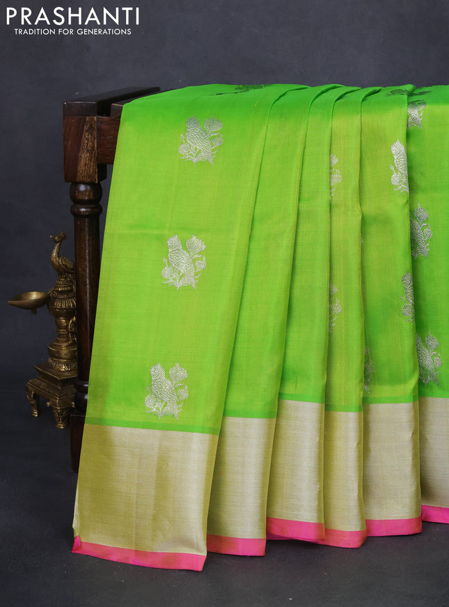 Venkatagiri silk saree light green and pink with silver zari woven buttas and silver zari woven border