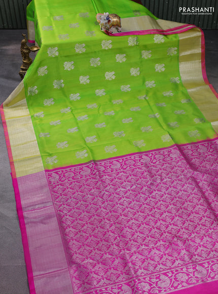 Venkatagiri silk saree light green and pink with silver zari woven buttas and silver zari woven border