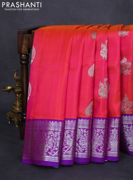Venkatagiri silk saree dual shade of pinkish orange and purple with silver zari woven buttas and silver zari woven border