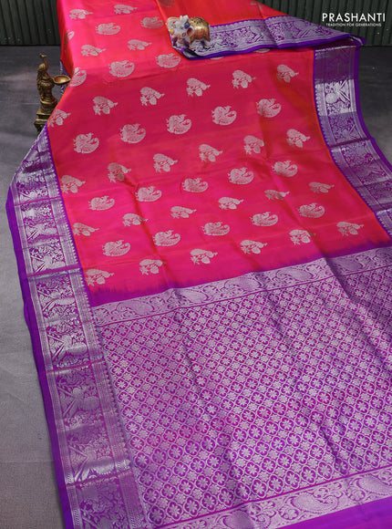 Venkatagiri silk saree dual shade of pinkish orange and purple with silver zari woven buttas and silver zari woven border