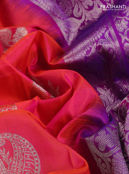 Venkatagiri silk saree dual shade of pinkish orange and purple with silver zari woven buttas and silver zari woven border