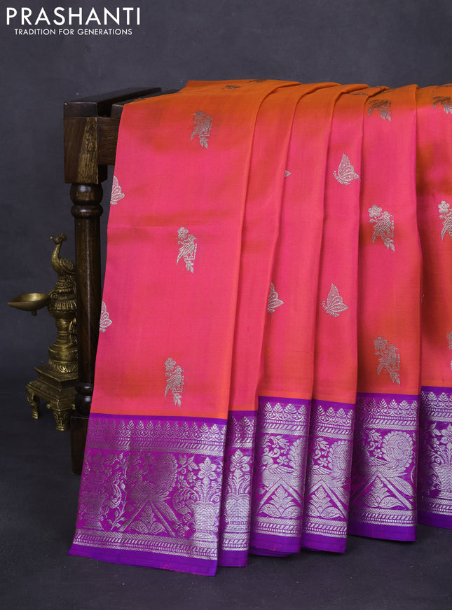 Venkatagiri silk saree dual shade of pinkish orange and purple with silver zari woven buttas and silver zari woven border
