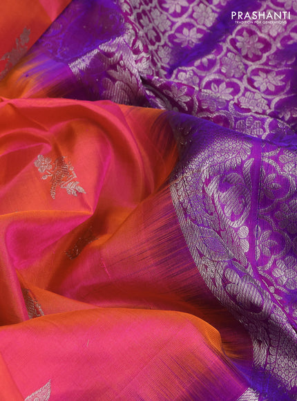 Venkatagiri silk saree dual shade of pinkish orange and purple with silver zari woven buttas and silver zari woven border