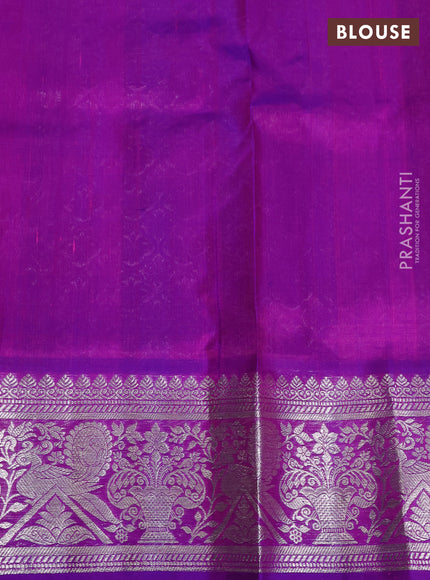 Venkatagiri silk saree dual shade of pinkish orange and purple with silver zari woven buttas and silver zari woven border