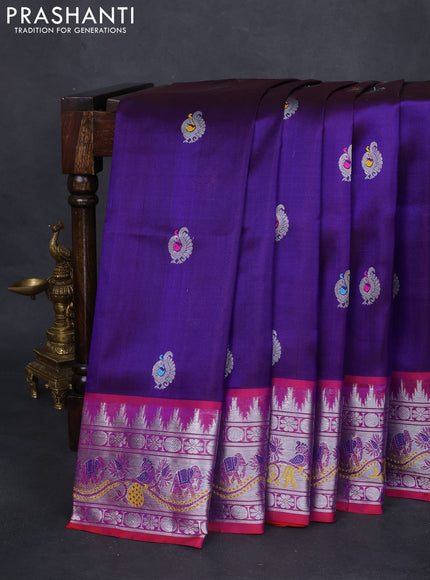Venkatagiri silk saree violet and red with annam silver zari woven buttas and temple design silver zari woven border