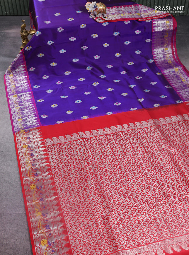 Venkatagiri silk saree violet and red with annam silver zari woven buttas and temple design silver zari woven border