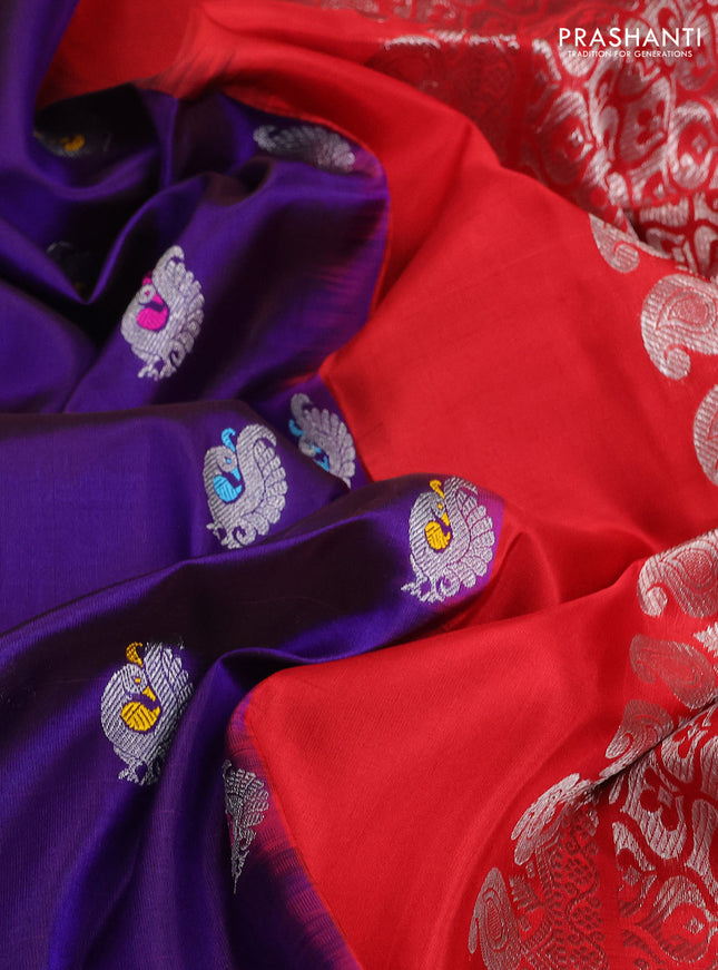 Venkatagiri silk saree violet and red with annam silver zari woven buttas and temple design silver zari woven border