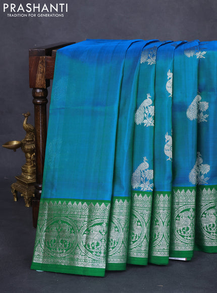 Venkatagiri silk saree bluish green and green with peacock silver zari woven buttas and rich silver zari woven border