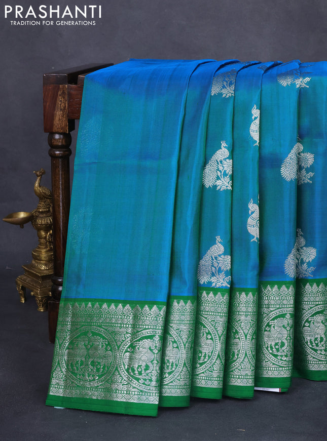 Venkatagiri silk saree bluish green and green with peacock silver zari woven buttas and rich silver zari woven border