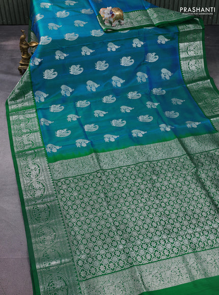 Venkatagiri silk saree bluish green and green with peacock silver zari woven buttas and rich silver zari woven border