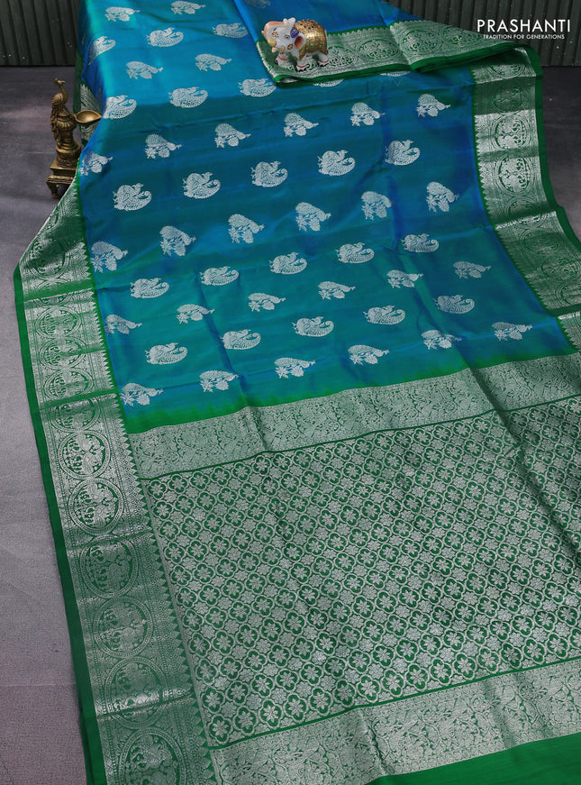 Venkatagiri silk saree bluish green and green with peacock silver zari woven buttas and rich silver zari woven border