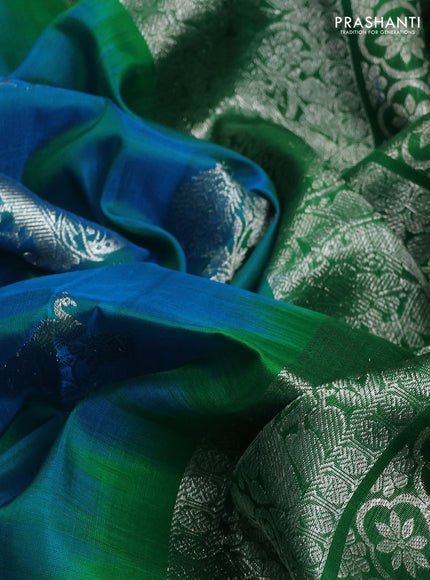 Venkatagiri silk saree bluish green and green with peacock silver zari woven buttas and rich silver zari woven border