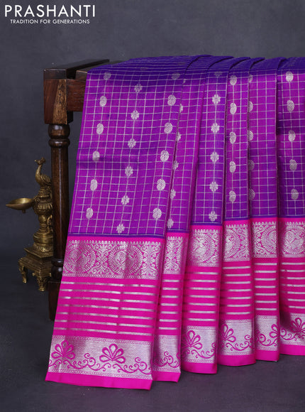 Venkatagiri silk saree purple and pink with allover silver zari checks & buttas and long silver zari woven border