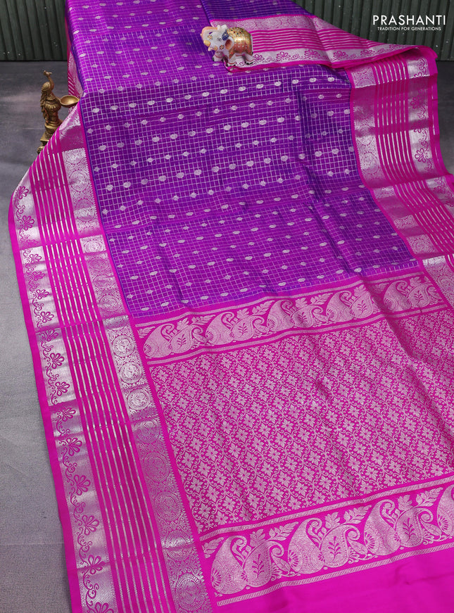 Venkatagiri silk saree purple and pink with allover silver zari checks & buttas and long silver zari woven border