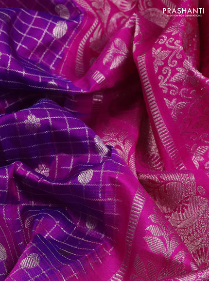 Venkatagiri silk saree purple and pink with allover silver zari checks & buttas and long silver zari woven border