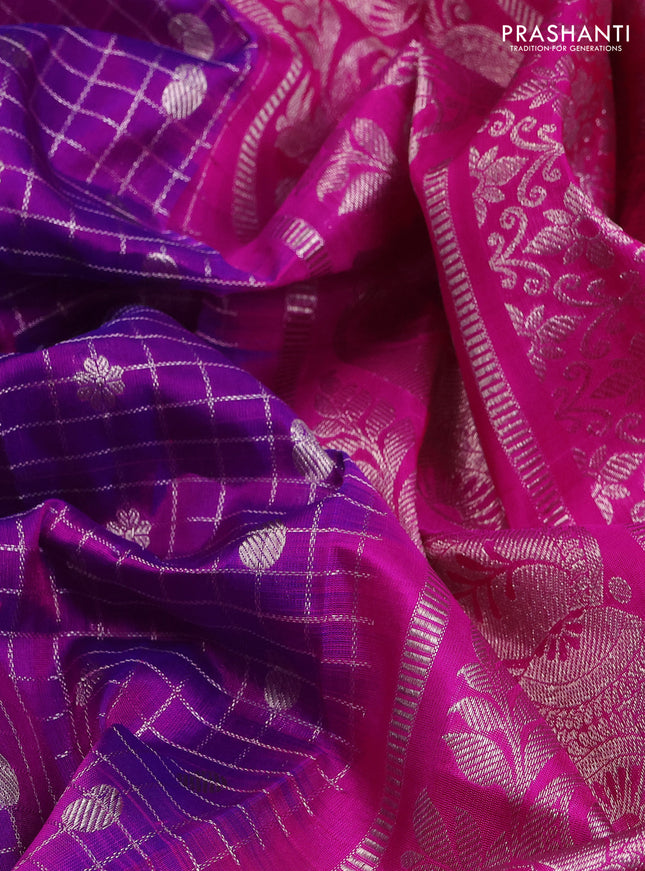 Venkatagiri silk saree purple and pink with allover silver zari checks & buttas and long silver zari woven border