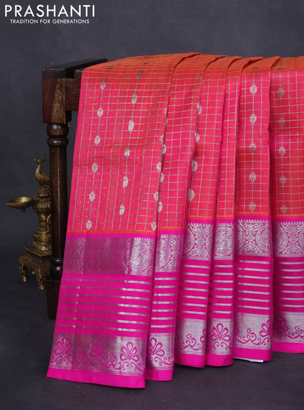 Venkatagiri silk saree dual shade of pinkish orange and pink with allover silver zari checks & buttas and long silver zari woven border