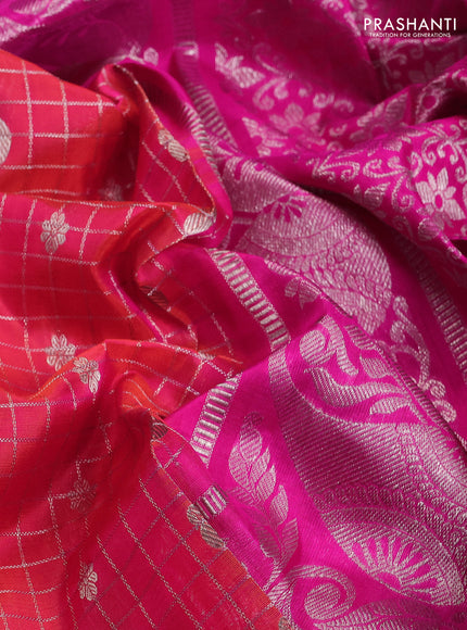Venkatagiri silk saree dual shade of pinkish orange and pink with allover silver zari checks & buttas and long silver zari woven border