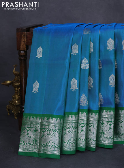 Venkatagiri silk saree dual shade of bluish green and green with silver zari woven buttas and silver zari woven border