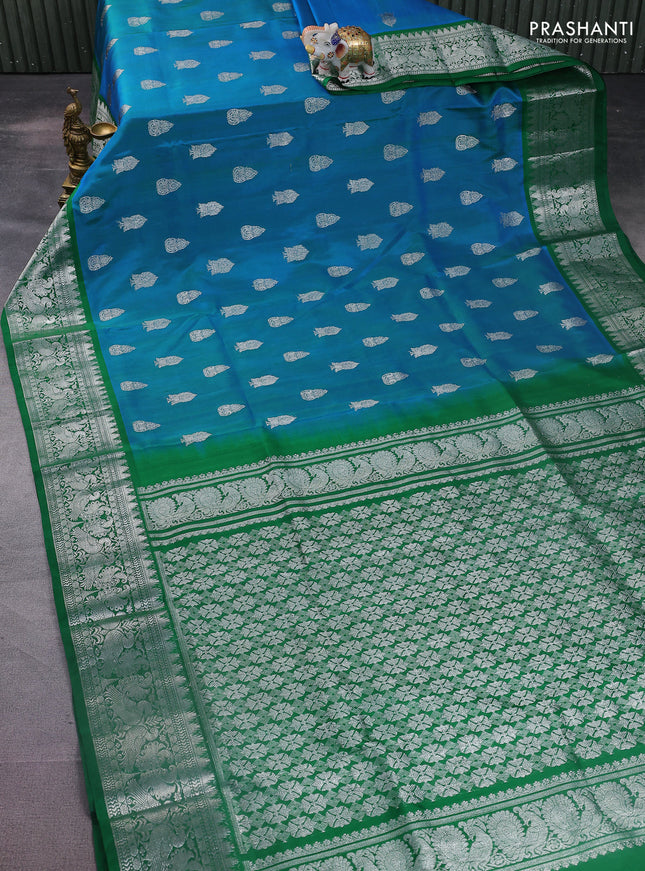 Venkatagiri silk saree dual shade of bluish green and green with silver zari woven buttas and silver zari woven border