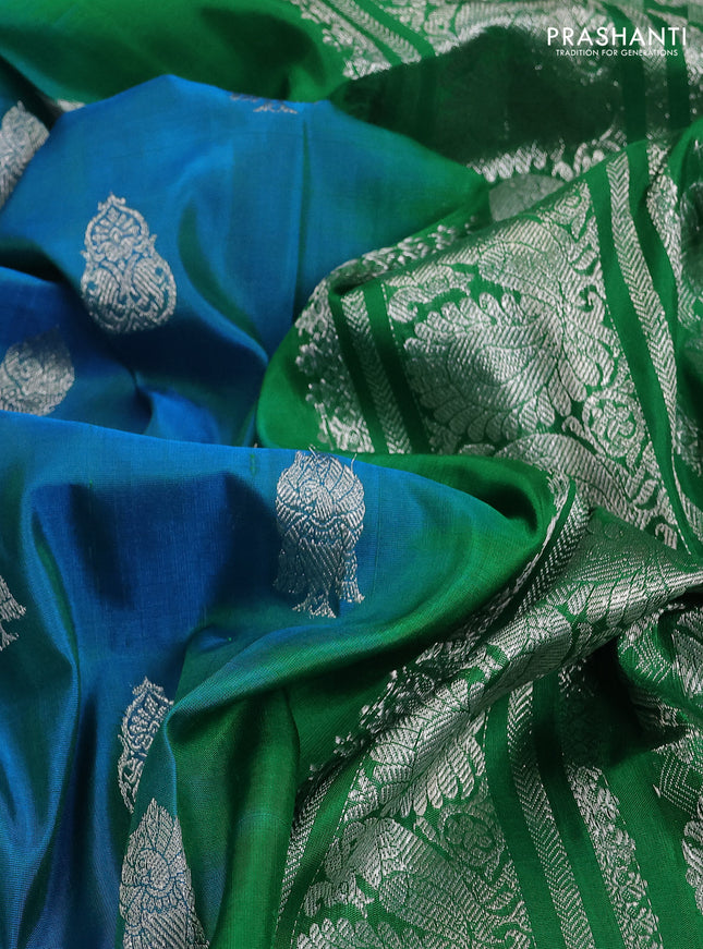 Venkatagiri silk saree dual shade of bluish green and green with silver zari woven buttas and silver zari woven border